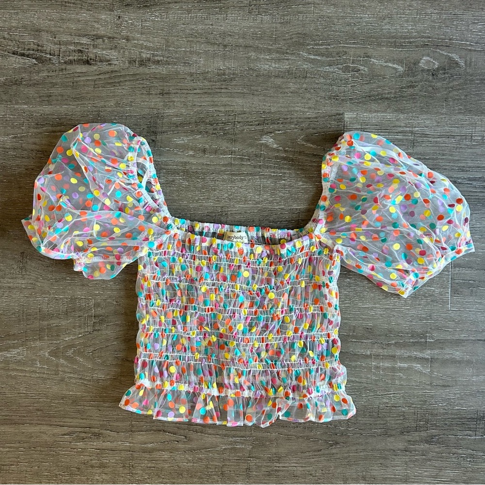 Confetti Sheer Polka Dot Puff Sleeve Crop Top - Multicolor Birthday Celebration